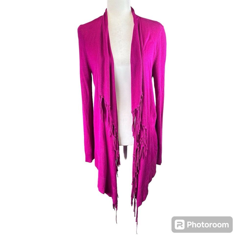 Chicos Boho Open Knit Long Tunic Cardigan Shawl Size M/L Pink Fringe‎ Light Knit